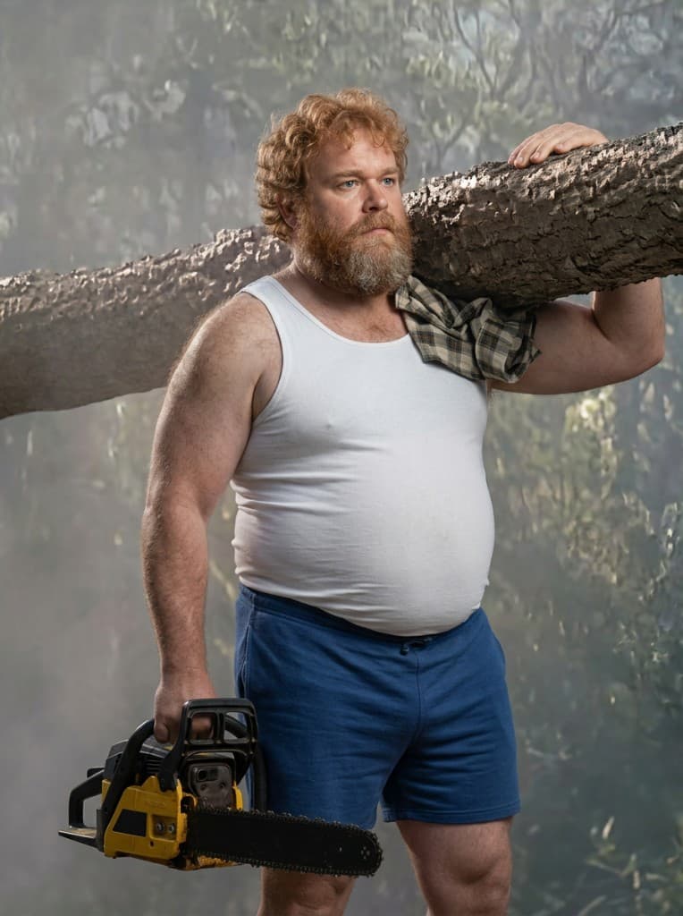 Teddy Pump AI gym bro carrying a log in the woods